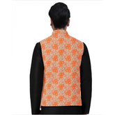 Orange jacquard printed men's waistcoat with mandarin neck and full sleeves